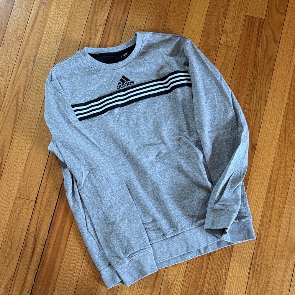 adidas Heather Gray Pullover with Black & White Stripes